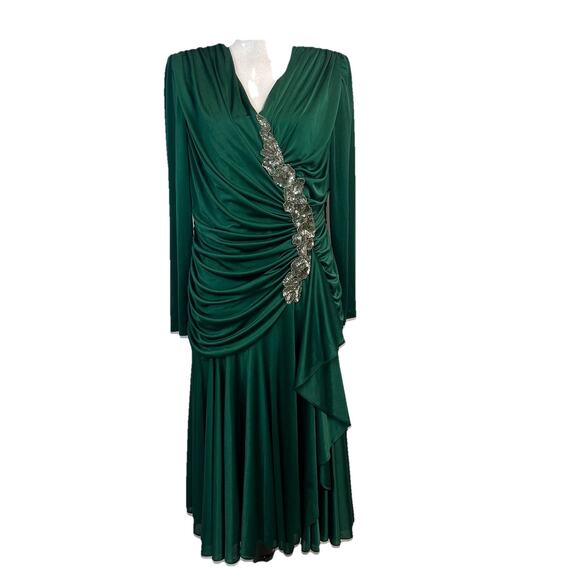Vintage 80s Dynasty David Rose Dress sz 16 Green Jewels Sequins Cocktail Wedding - Picture 1 of 16